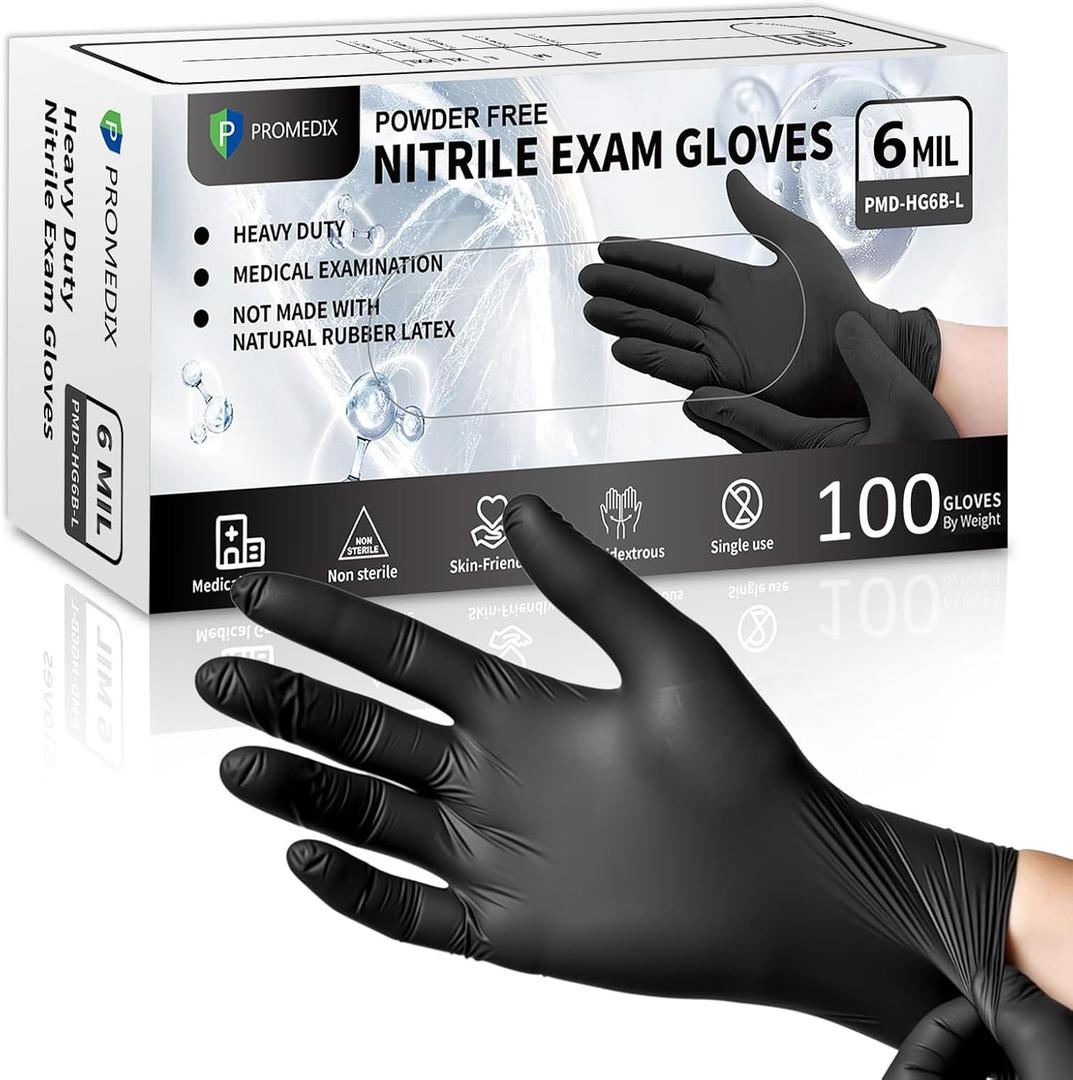 PROMEDIX P 6 Mil Nitrile Exam Gloves, Powder-Free Latex-Free Disposable 100 Medical Grade Food Safe for Medical (Medium, Black)