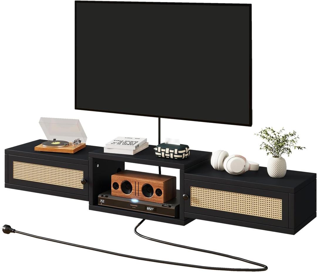 IBUYKE Modern Rattan Floating TV Stand with Doors,Wall Mounted TV Shelf for TVs up to 55 Inches,Media Console Entertainment Center for Under TV Storage Cabinet for Living Room Bedroom,Black UWST012B
