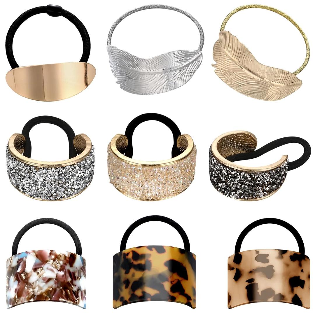 9 Pack Ponytail Hair Cuff Metal Rhinestone Decorative Fancy Ponytail Holder for Women Gold Elastic Glitter Hair Tie Wrap Cuff Tortoise Shell Ring Holder Mother's Day Gift(Charming Style)