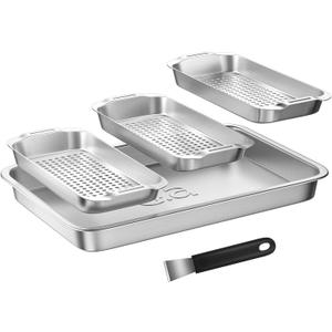 Grill Basket Set - BBQ Grill Tray with 3-Piece Grill Basket & Universal Handle, Heavy-Duty Stainless Steel, Dishwasher Safe, Rust-Resistant for Outdoor Cooking, Camping, Picnic, Gas, Charcoal Grills
