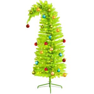 VioraWhite 5ft Whimsical Christmas Tree Large Lime Green Artificial Curved Prelit Xmas Tree with Red Ball and 30 LED Light String for Indoor Outdoor Porch Christmas Decorations
