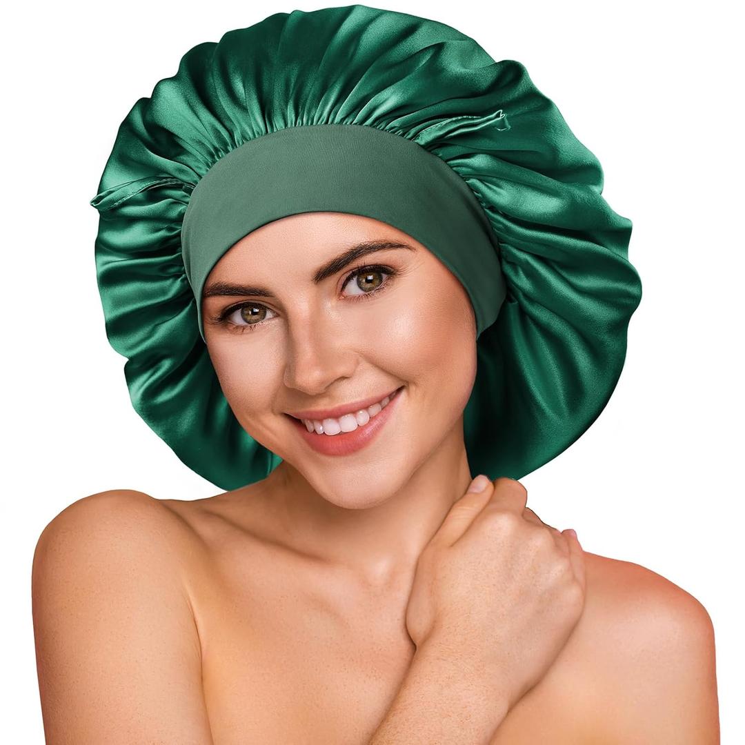 YFONG 100% 22 Momme Mulberry Silk Bonnet for Sleeping Women, Larger Double Layer Silk Hair Wrap for Curly Short Long Hair, Non-Slip Sleep Cap Turban with Elastic Tie Band for Hair Care, Green
