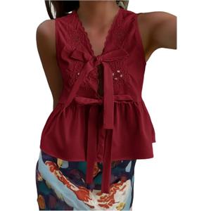 SOLY HUX Women's Y2k Bow Tie Front V Neck Sleeveless Blouse Eyelet Embroidery Ruffle Hem Babydoll Tops (Pink, XS)