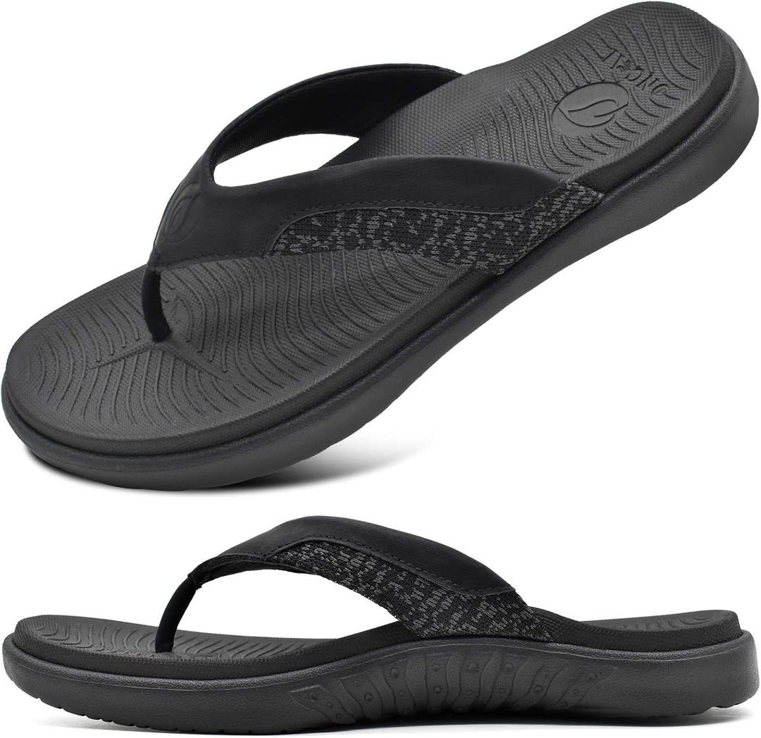 ONCAI Mens Flip Flop Open Toe Athletic Straps Orthotic Summer Plantar Fasciitis Sport Sandals with Soft Cushion Arch Support Size 11.5 (Black)