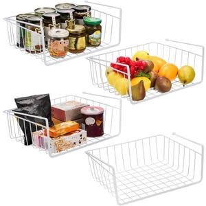 Tebery 4 Pack White Under Shelf Wire Basket Hanging Storage Baskets, Small Add-on Storage Racks Slide-in Cabinet Baskets Organizer for Kitchen Pantry Desk Bookshelf