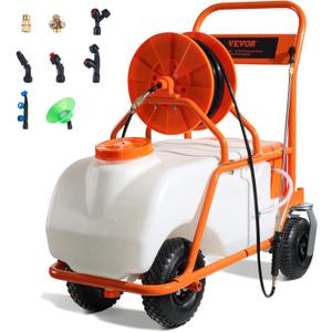 VEVOR Battery Powered 15 Gallon Garden Weed Sprayer with Wheeled Cart, 126FT Hose with Reel, 8 Nozzles, 2 Wands with Lock Trigger, 0-90PSI, 5-6h Spray Time, Wide Mouth Lid, Rotating Wheels with Brake