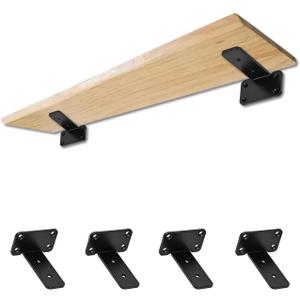 4 Inch Heavy Duty Shelf Brackets (4-Pack), Black Steel Floating Shelf Supports, Easy Installation Metal L Brackets for Wall Shelves, DIY Home & Office Organization (Black)