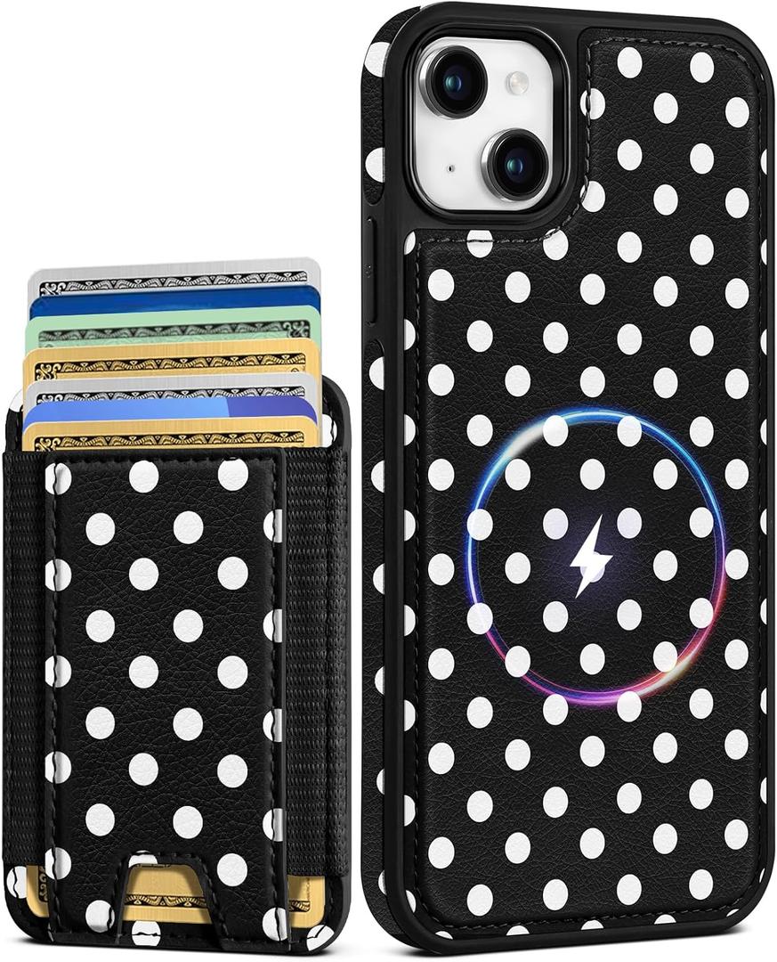 Shorogyt for iPhone 14 Plus Wallet Case - Fits 5 Cards, Compatible with Magsafe Detachable Magnetic Credit Card Holder Leather Cardholder Cute Phone Cover Women Girls for Apple 14Plus, Polka Dots