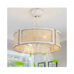 YMKSKJ 20" White Fandelier Ceiling Fans with Lights, Boho Rattan Ceiling Fan with Light Remote Control, Caged Mid-Century Modern with 6 Speeds for Bedroom, Nursery, Living Room