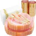 Hioasis 175pcs Clear Pink Plastic Plates - Elegant Disposable Dinnerware Set Suitable for 25 Guests Include 10.25" Dinner & 7.5" Dessert Plates, Cutlery, Napkins, Cups for Party & Wedding