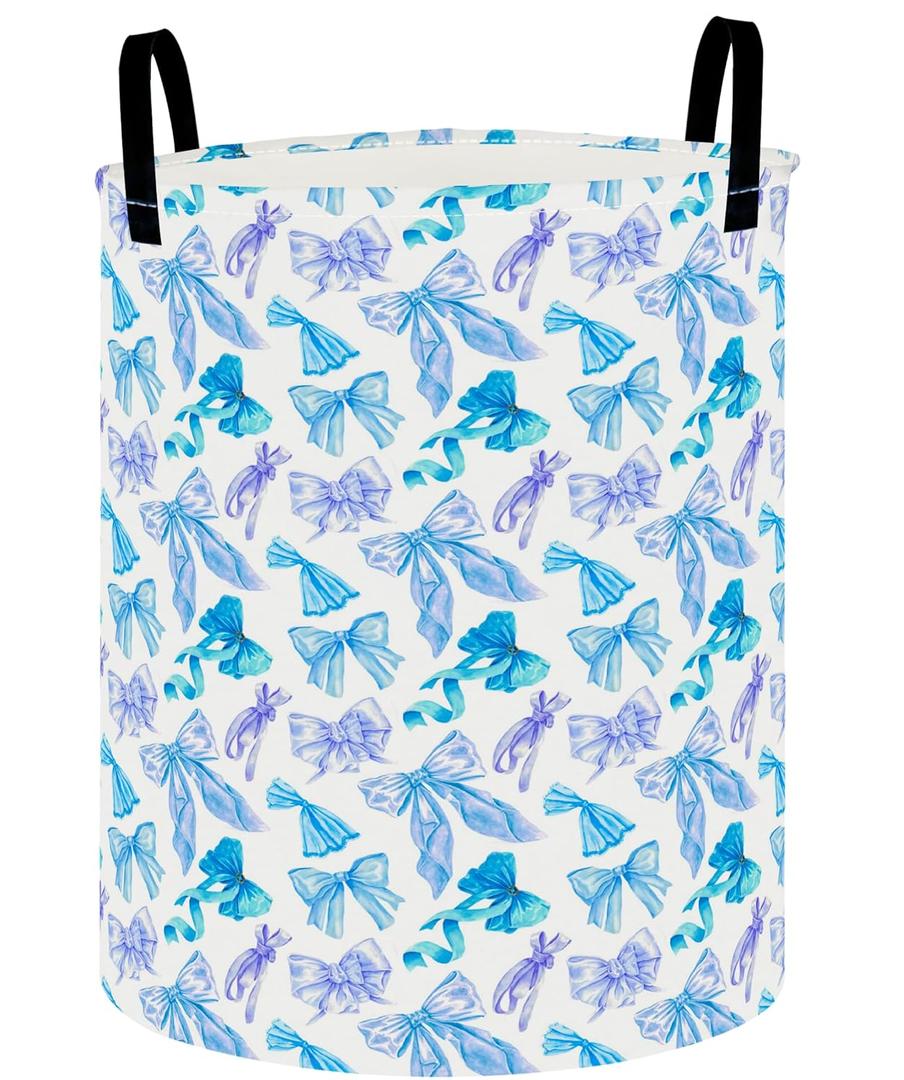 Collapsible Round Storage Basket, Soft-Sided Organizer with Waterproof Coating, Foldable Bin for Clothes,Laundry Basket, Nursery Hamper, Gift Baskets(Blue Bright Bowknot)