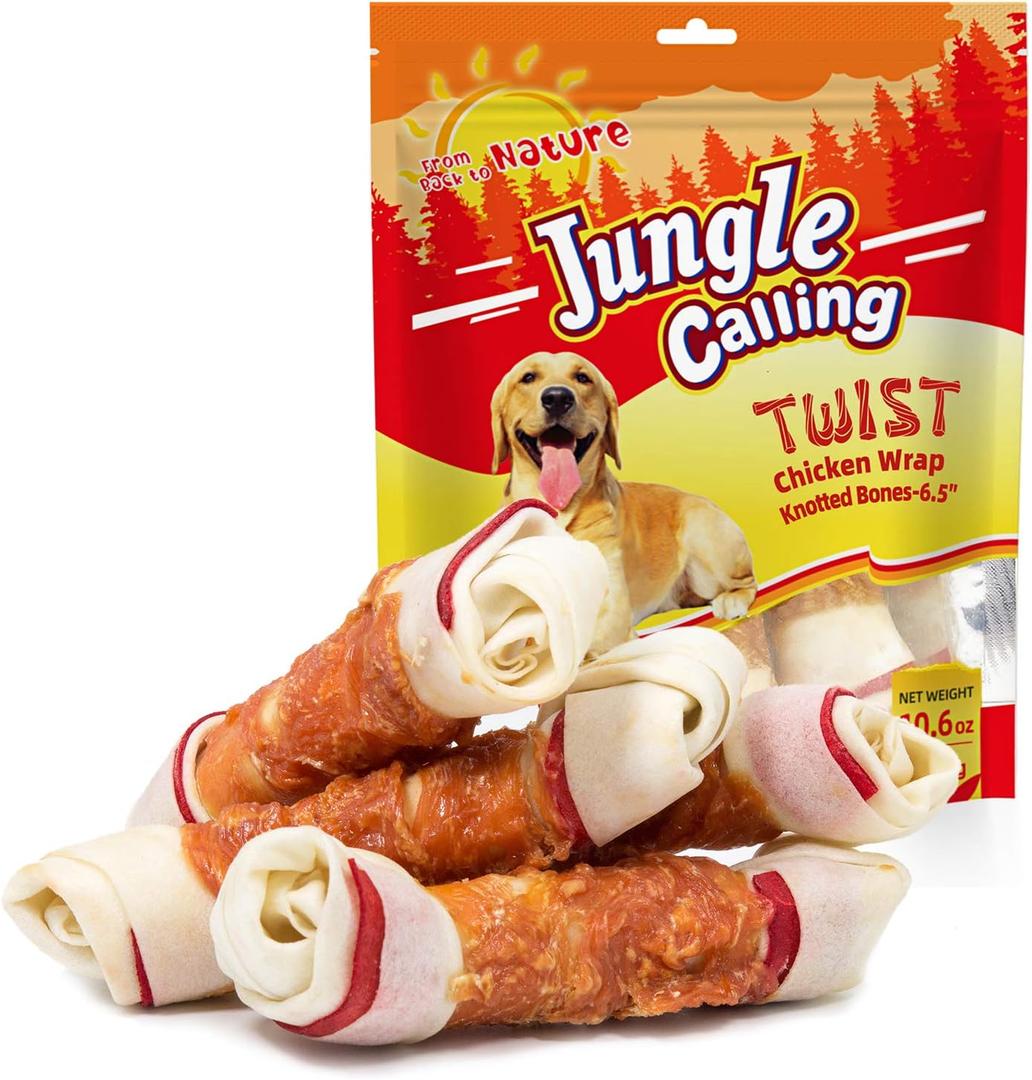 Jungle Calling Chicken Wrap Knotted Bones Dog Chews, Long Lasting Beefhide Treats Real Rawhide Bones for Large Dogs Edible Training Treats (EXP 01/09/26)