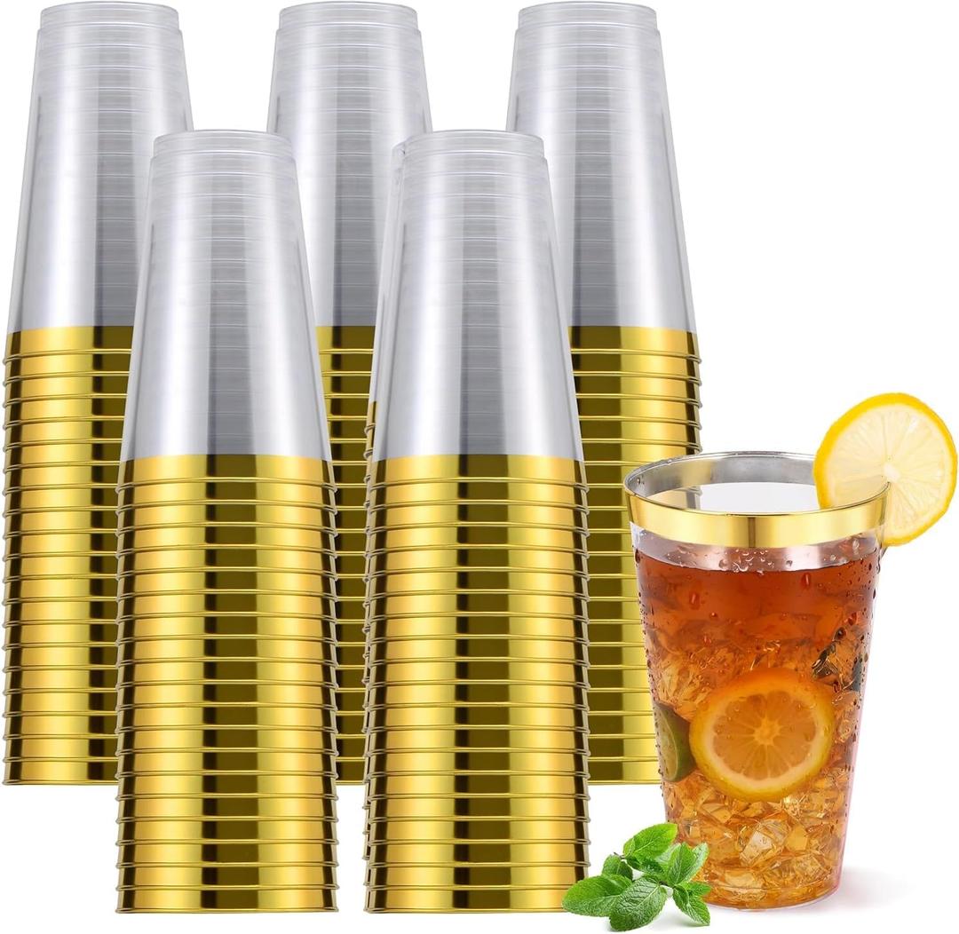 YOUTHSHIP 300 Pcs 16 Once Disposable Gold Rimmed Plastic Cups Heavy Duty Elegant Fancy Disposable Hard Plastic Cups With Gold Rim For Wedding Parties Festivals Christmas Gathing