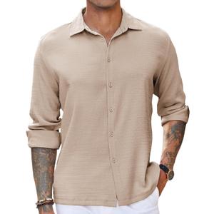 COOFANDY Men's Button Up Long Sleeve Linen Shirts Lightweight Textured No Tuck Beach Shirt L