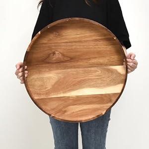 20 Inch Extra Large Round Serving Tray HeavyDuty Acacia Wood Tray for Oversized Ottoman Coffee Table and Counter Giant Decorative Organizational Tray Extensive Kitchen Serveware