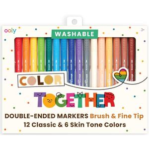 Ooly Color Together Dual Tip Markers - 18 Colors, 12 Bright & 6 Skin Tone, Brush and Point Tip on Each Marker for Kids, Double Ended Markers for Art Supplies & Stationery Sets