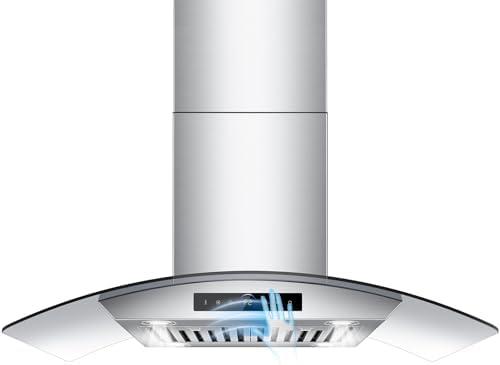 36 inch Island Range Hood 1200 CFM with 4-Speed Gesture Sensing & Touch Control, Ducted/Ductless Stainless Steel Ceiling Mount Kitchen Stove Vent Hoods with 4 LED Lights, Timer,Dishwasher-Safe Filters