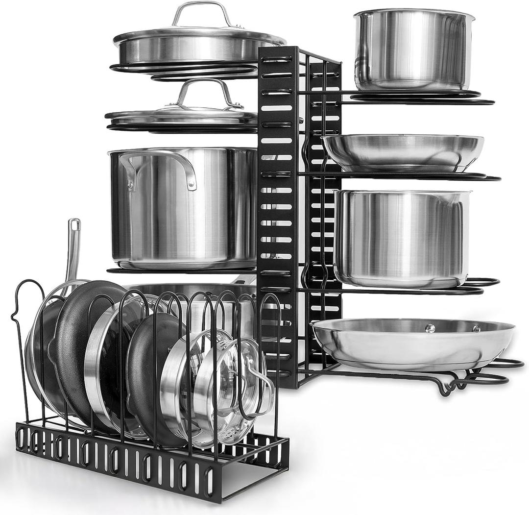 Adjustable Pots and Pans Organizer - 8 Tier Versatile Kitchen Pot Rack for Counter and Cabinet - Easy Setup, 3 DIY Installation Ways, Accommodates 8+ Pots and Pans - Space-Saving Black Design