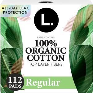 L. Ultra Thin Pads for Women, Regular Absorbency, Organic Cotton Top Layer, Unscented Pads with Wings, 112 Count (4 Packs of 28)
