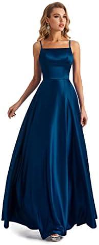 Lecureler Long Satin Spaghetti Strap Prom Dress M