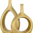 Brushed Gold Ceramic Vase Set 2,Modern Hollow Circle with Hole Flower Vase for Home Decor,for Table Centerpieces,Farmhouse,Fire Place,Living Room,Bedroom,Office,Bookshelf,Rustic Decor