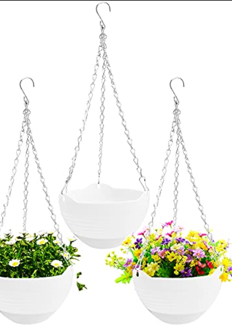 3 Pack 8 inch Hanging Planter Pots,Self-Watering Round Hanging Basket with Water Tray Metal Chain,Succulent Flower Plant Pot Container for Indoor Outdoor Garden Balcony Wall Decor,White