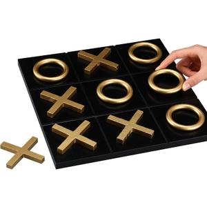 11.8x11.8 Inch Tic Tac Toe Wood Game Board Coffee Table Decor Modern Wooden for Board Table Top Living Room Decor Fun Family Party Adults Travel, Ages15+ (Black Gold)