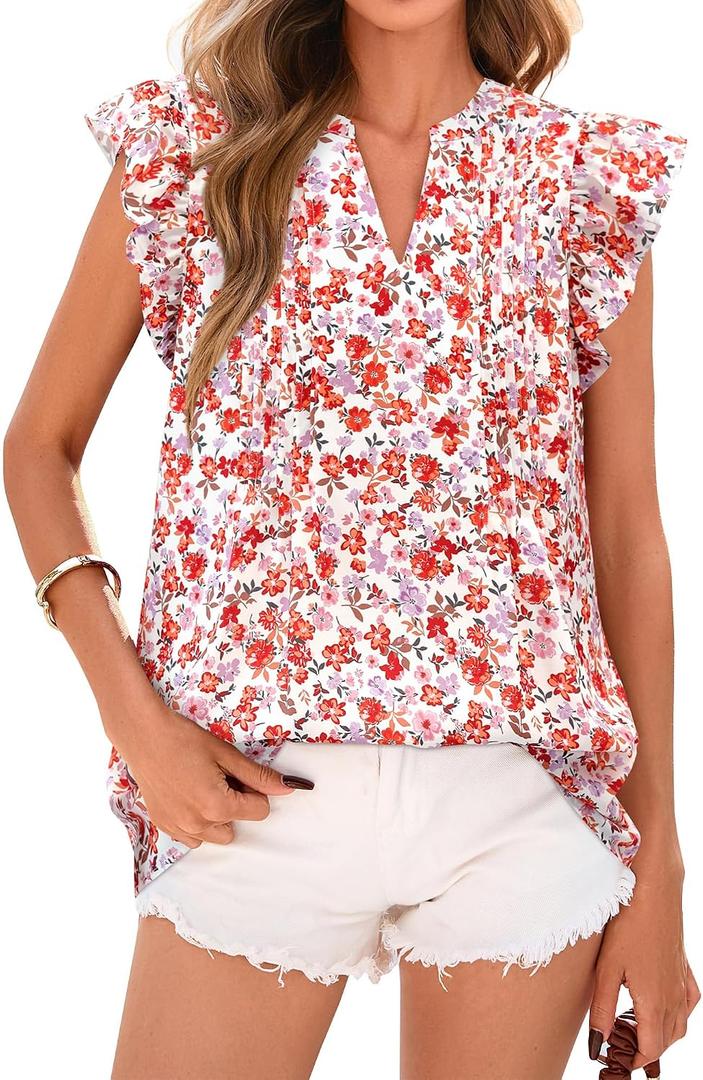 BTFBM Going Out Tops for Women Trendy 2026 Cap Sleeve V Neck Floral Blouses Dressy Casual Cute T Shirts Summer Fashion (S)