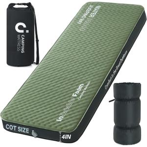 Self Inflating Sleeping Pad, Cot 4in Ultra-Thick Foam Camping Cot Mattress with Air Pump Sack, Sleeping Mat for Adults Inflatable Camping Pad Mattress, Cot Bed, Travel, Car, Tent,75*30*4 Army Green