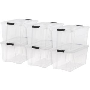 IRIS USA 72 Qt Stackable Plastic Storage Bins with Lids, 6 Pack - BPA-Free, Made in USA - See-Through Organizing Solution, Latches, Durable Nestable Containers, Secure Pull Handle - Clear