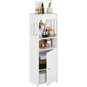 POBOMULI Narrow Bathroom Storage Cabinet, 5Tier Slim Bathroom Organizers with Door and Open Shelf for Toilet Bathroom Small Spaces (7.9" D x 9.8" W x 31.5" H)