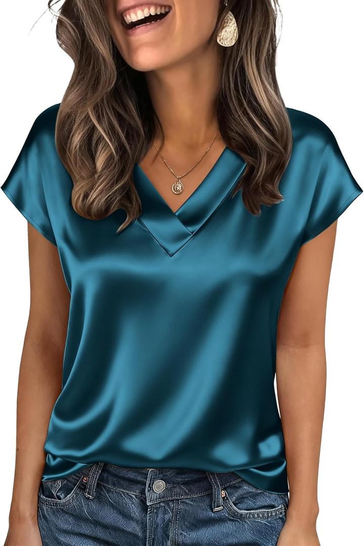 Zeagoo Women Silk Satin Tops Cap Short Sleeve Blouse V Neck Shirts Business Casual Outfits (Blue, XL)