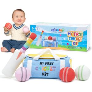 My First Cricket Kit | Cotton Soft Plush Toy | Gift Baby and Infant 0+ Months | 3 Soft Sensory Cricket Balls  Rattle, Crinkle, Squeaker & 1 Rainbow Rattle Cricket Bat | Safe, Fun, Educational