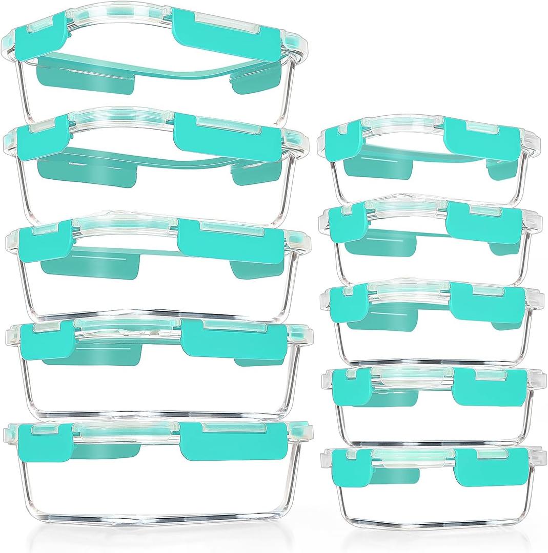 VERONES 10Pack Glass Meal Prep Containers, Airtight Glass Lunch Containers,Stackable Glass Food Storage Containers Set with Lids,Exclusive of BPA, for Microwave,Oven, Freezer&Dishwasher Friendly,Green