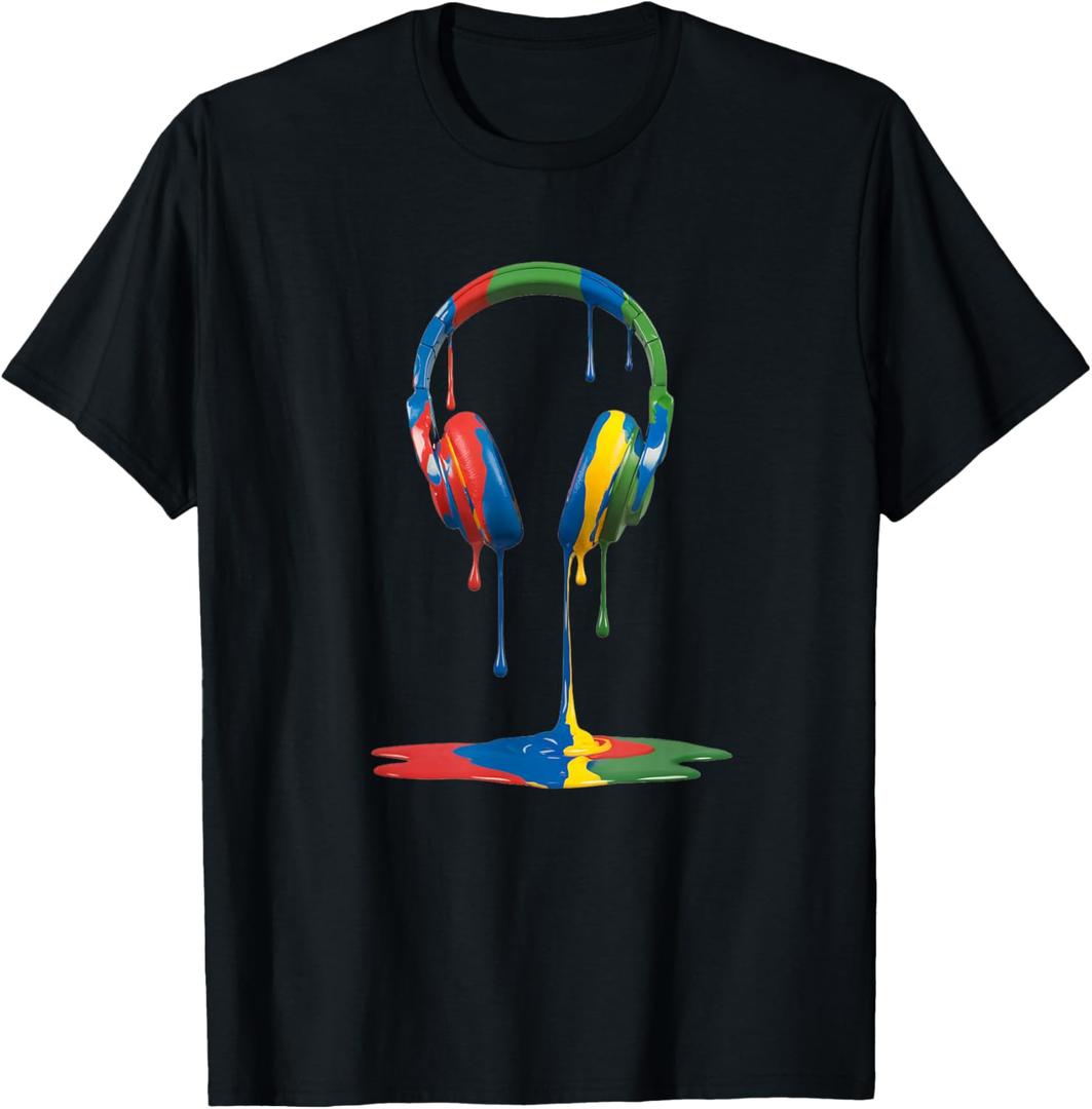 Gamer Headphones Paint Drip Music Lover T-Shirt L