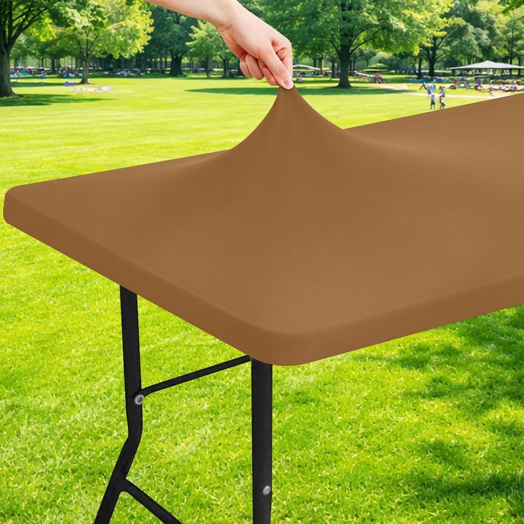 Moosfor Spandex 6 Foot Rectangle Table Cloth, Elastic Fitted Tablecloths for Picnic, Stretch Washable Patio Table Cover for Outdoor, Camping, Banquet and Parties (Brown, 30"x72")
