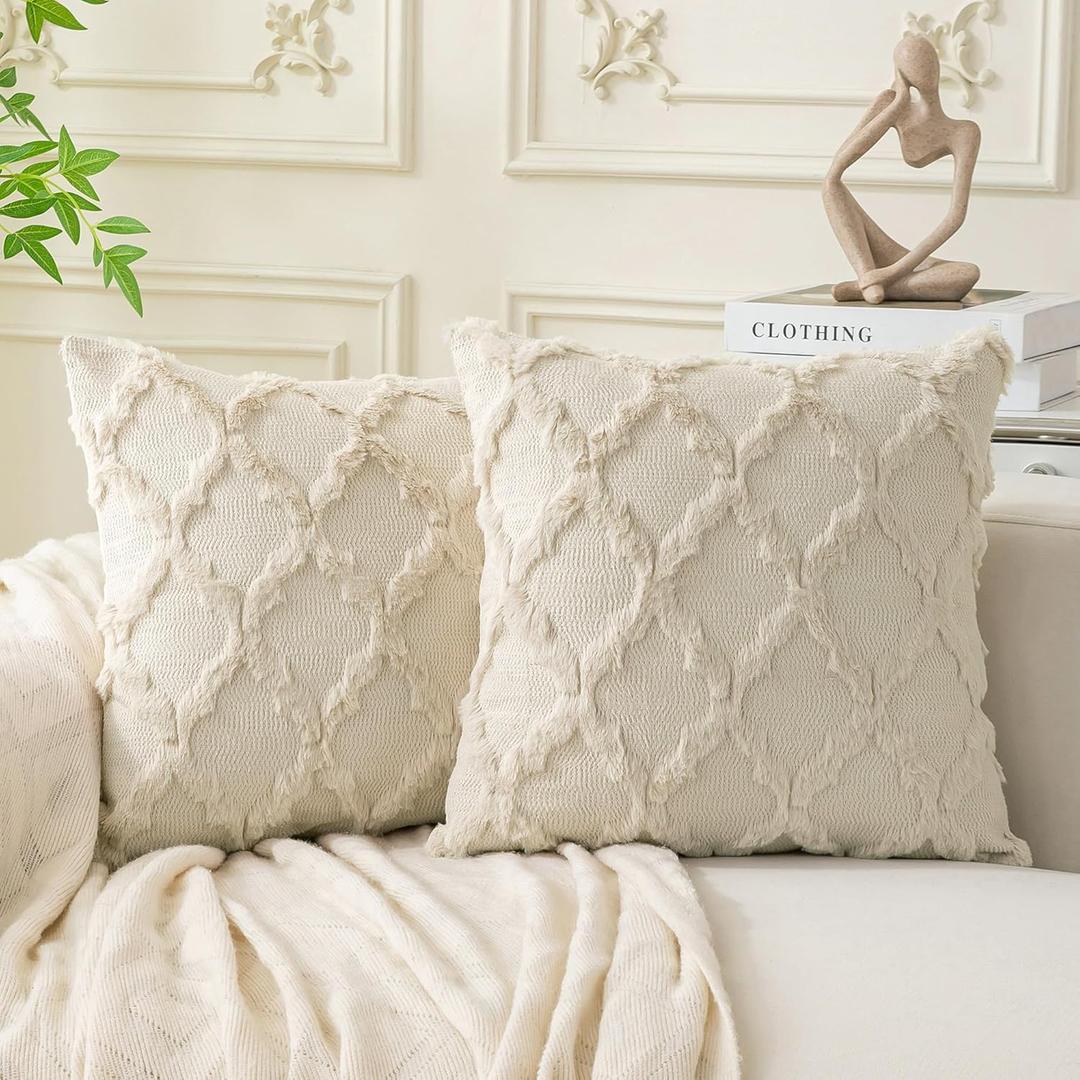 Set of 2 Soft Moroccan Throw Pillow Covers 18x18 Inch Plush Boho Decorative Pillow Cover Accent Cushion Case for Couch Sofa Bed, Beige