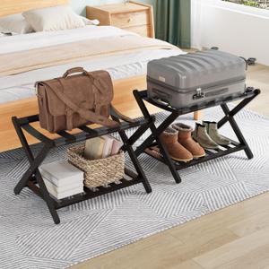 Smuxee Fully Assembled Black Luggage Racks Pack of 2, Upgraded Bamboo Foldable Suitcase Stand with 5 Nylon Straps, Luggage Holder with Shelf for Guest Room Bedroom Hotel (Black Luggage Rack 2pcs)