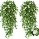 RECUTMS 2Pcs Artificial Hanging Flowers for Outdoor Decoration Fake Hanging Plants Faux White Flowers Artificial UV Resistant Plastic Greenery Vines Ivy for Outdoor Indoor Garden Party Decor, White
