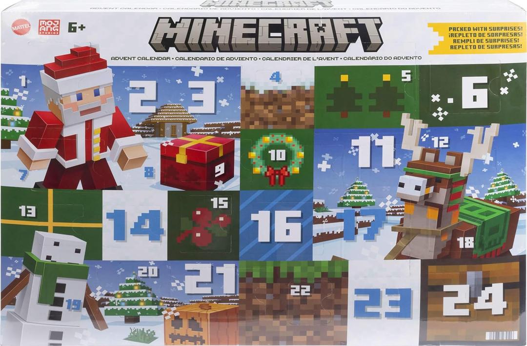 Mattel Minecraft Advent Calendar, 24 Surprises Include 3 Action Figures, 17 Accessories & 4 Stickers, 3-inch Scale & Pixelated Design, Holiday Gift