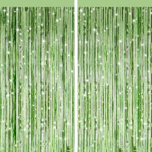2 Pack Light Green Metallic Tinsel Foil Fringe Curtains, Door Streamers Photo Booth Backdrop for Birthday Party, Tinsel Curtain Backdrop for Baby Shower Bachelorette Christmas Party Decorations