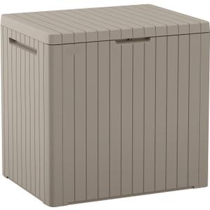 Keter City 30 Gallon Resin Outdoor Storage Box and Patio Furniture Side Table for Pool and Garden Accessories, Beige