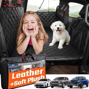 Hard Bottom Car Seat Cover for Dogs, PU+Plush Dog Car Seat Cover for Back Seat, Waterproof Backseat Extender for Dogs in Car, Large Pet Hammock Bed with Rear Door Protector for Car SUV Truck