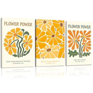 Framed Boho Flower Power Canvas Wall Art Retro Gallery Floral Prints 70s Inspired Botanical Painting Posters Colorful Vintage Picture Room Decor Aesthetic Bohemian Wall Art for Bedroom Living Room Office16x24 Inchx3