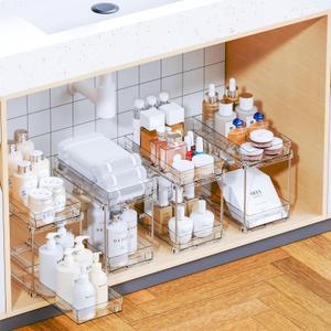 Yieach 4 Set Clear Pull Out Bathroom Organizers and Storage,2 Tier Under Sink Organizer and Medicine Cabinet Organizer,Small Slide Out Drawers for Pantry,Under Cabinet,Kitchen Storage and Organization