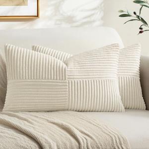 MIULEE Cream White Decorative Lumbar Throw Pillow Covers 26"L x 20" 3 Pack | Beige Neutral Boho Farmhouse Pillow Covers, Soft Cross Corduroy Patchwork Textured Cushion Cases For Couch Sofa Bed