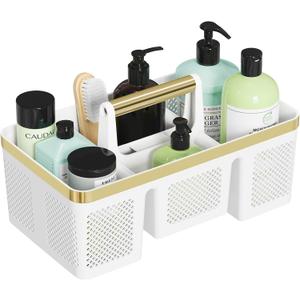 BYUNER Portable Cleaning Caddy & Shower Basket: Hard Plastic Caddy Organizer with Handle, 4 Divided Compartments, All-Side Drainage for Bathroom, Dorm & Utility, College Dorm Room Essentials, 7.09"D x 12.68"W x 6.54"H