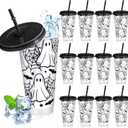 12 Pcs Halloween Plastic Cups with Lids and Straws 24 oz Reusable Halloween Tumbler Ghost Drinking Coffee Cup for Women Home Office Decoration Birthday Party Favors