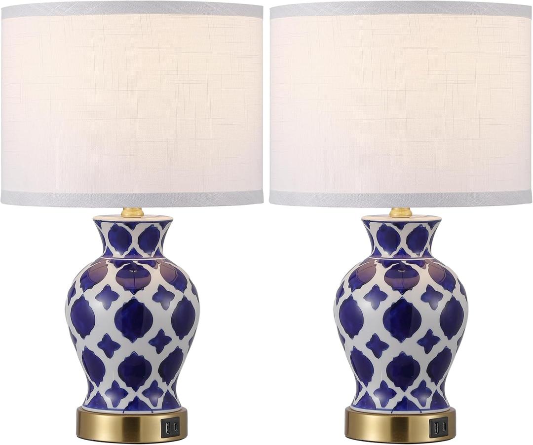 EOEYYOYB Set of 2 Ceramic Bedside Table Lamp, Minimalist Glazed Ceramic Base with Fabric Shade, 3 Way Dimmable Small Modern Accent Lamp for Soft Lighting, Perfect for Bedroom, Nightstand, Reading