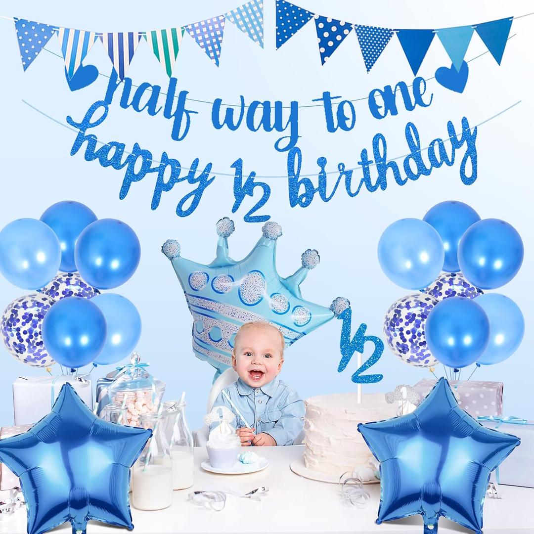 Half Way To One Banner - 20 Pcs Blue 6 Months Birthday Decorations Including Happy 1/2 Birthday Banner Cake Topper Star Foil Balloon Latex Balloons for Baby Shower Baby Boys Party Supplies
